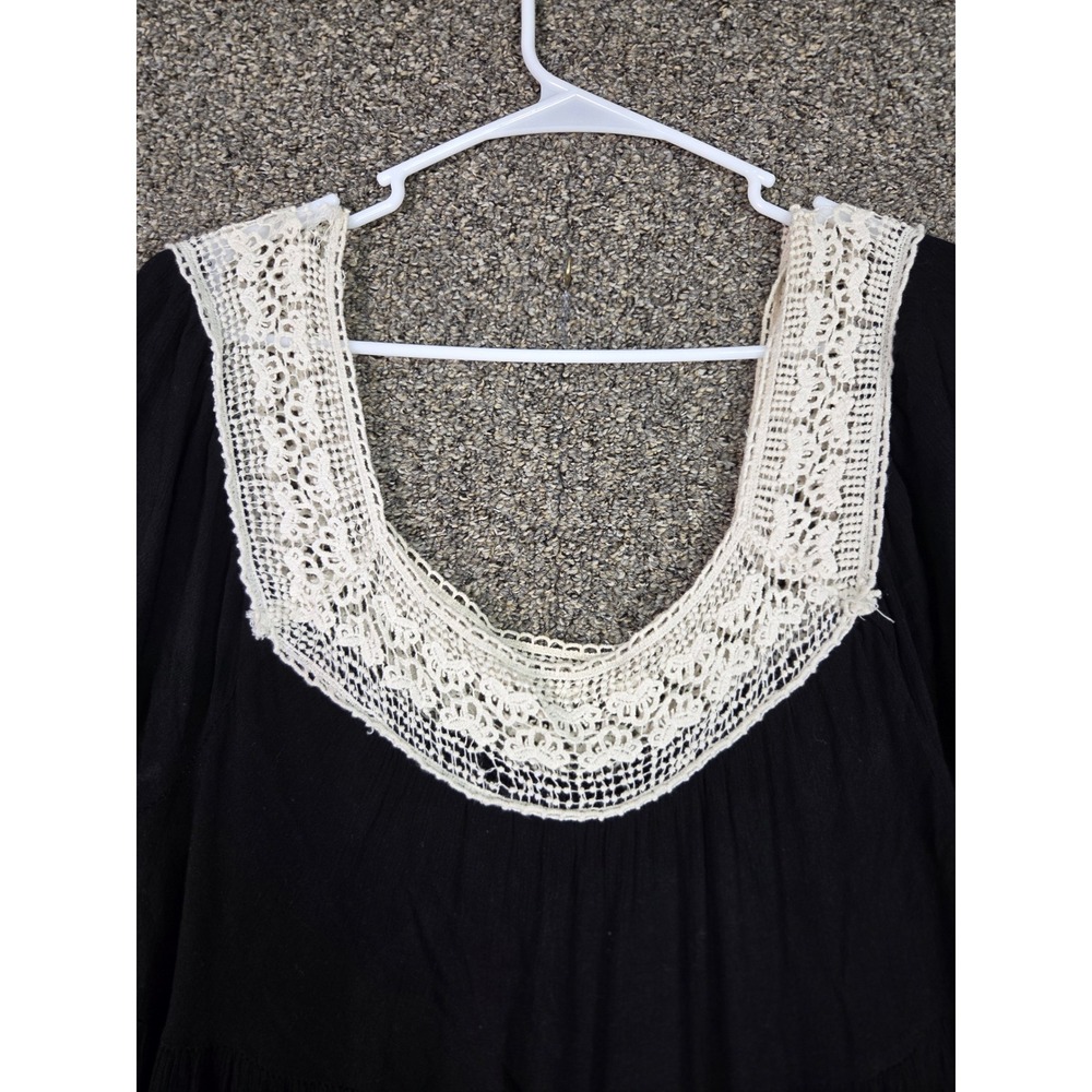 My Story Tiered Mini Dress Womens Small Black Crochet Lace Bell Sleeve Boho - Picture 3 of 16